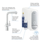 Zestaw startowy Grohe Blue Home z wylewką w kształcie L, chrom, bateria, filtr 600 l, chłodziarka i butla CO2, dostęp do wody zwykłej i filtrowanej / gazowanej, kąt obrotu wylewki 360° moduł Buetooth, głowica Ceramiczna 28 mm, wyciągana wylewka