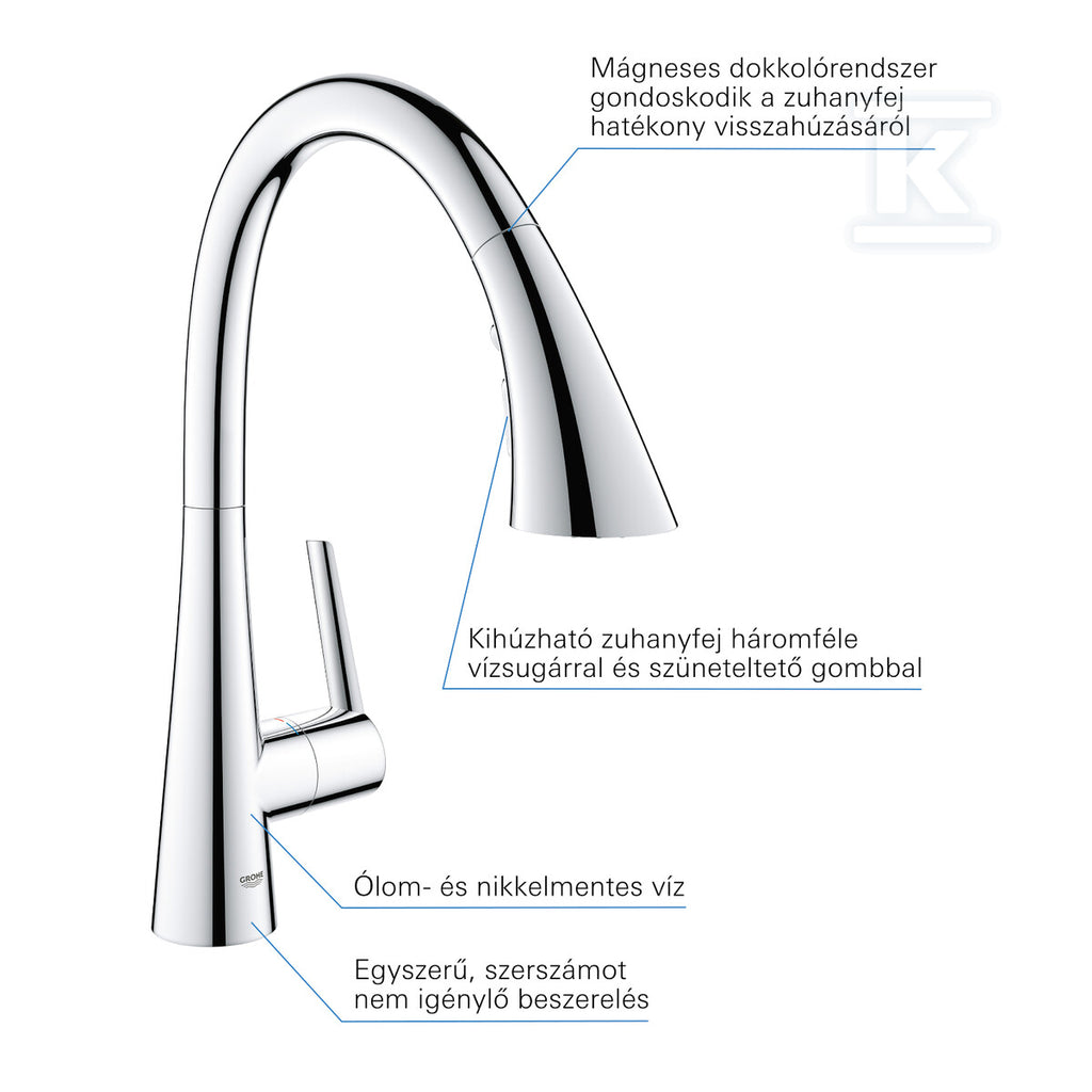Bateria zlewozmywakowa Zedra jednouchwytowa, chrom, kąt obrotu wylewki 360° głowica Ceramiczna 35 mm, osobne kanały wodne, wyciągana wylewka z 3 rodzajami strumienia