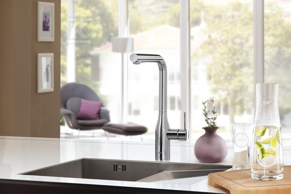 Bateria zlewozmywakowa Essence jednouchwytowa, chrom, kąt obrotu wylewki 360° głowica Ceramiczna 28 mm, wyciągana wylewka z przełącznikiem strumienia
