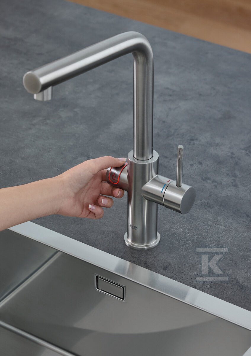 System gotujący wodę Grohe Red Duo kuchenny, stal nierdzewna, bateria i bojler 4 l, dostęp do wody zwykłej i wrzątku, głowica Ceramiczna 28 mm, blokada bezpieczeństwa, kąt obrotu wylewki typu L 150° filtr w zestawie