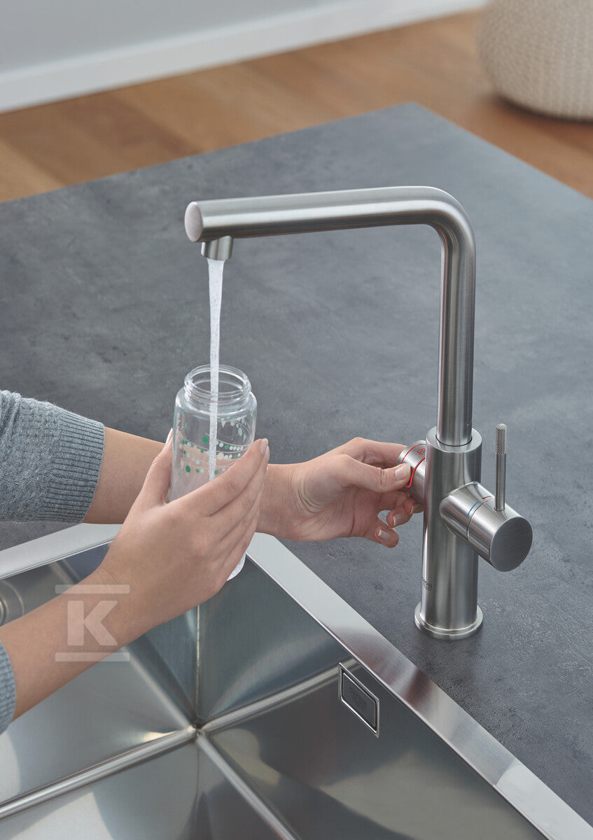 System gotujący wodę Grohe Red Duo kuchenny, stal nierdzewna, bateria i bojler 4 l, dostęp do wody zwykłej i wrzątku, głowica Ceramiczna 28 mm, blokada bezpieczeństwa, kąt obrotu wylewki typu L 150° filtr w zestawie