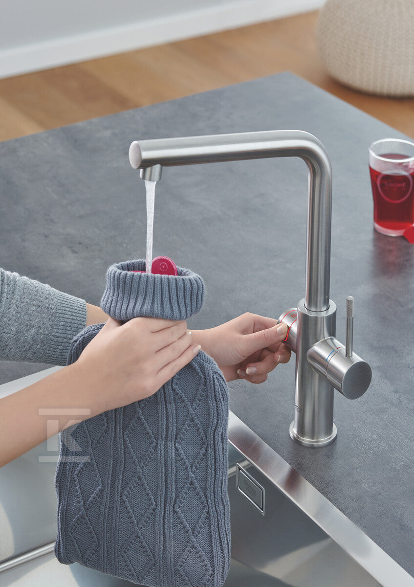 System gotujący wodę Grohe Red Duo kuchenny, stal nierdzewna, bateria i bojler 4 l, dostęp do wody zwykłej i wrzątku, głowica Ceramiczna 28 mm, blokada bezpieczeństwa, kąt obrotu wylewki typu L 150° filtr w zestawie