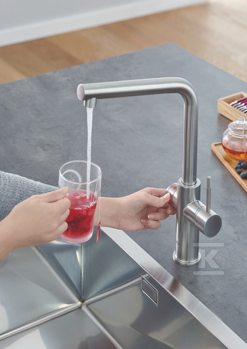 System gotujący wodę Grohe Red Duo kuchenny, stal nierdzewna, bateria i bojler 4 l, dostęp do wody zwykłej i wrzątku, głowica Ceramiczna 28 mm, blokada bezpieczeństwa, kąt obrotu wylewki typu L 150° filtr w zestawie