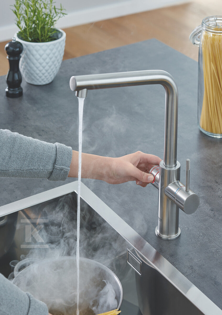 System gotujący wodę Grohe Red Duo kuchenny, stal nierdzewna, bateria i bojler 4 l, dostęp do wody zwykłej i wrzątku, głowica Ceramiczna 28 mm, blokada bezpieczeństwa, kąt obrotu wylewki typu L 150° filtr w zestawie