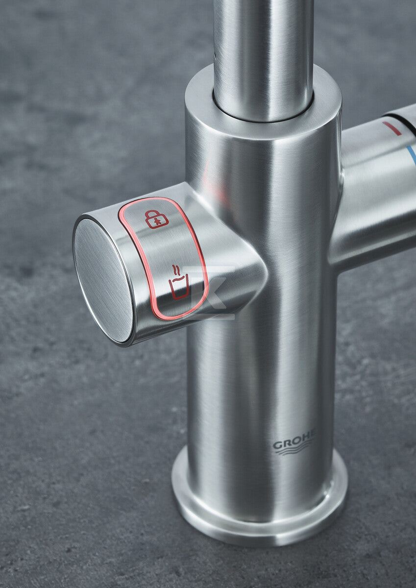 System gotujący wodę Grohe Red Duo kuchenny, stal nierdzewna, bateria i bojler 4 l, dostęp do wody zwykłej i wrzątku, głowica Ceramiczna 28 mm, blokada bezpieczeństwa, kąt obrotu wylewki typu L 150° filtr w zestawie