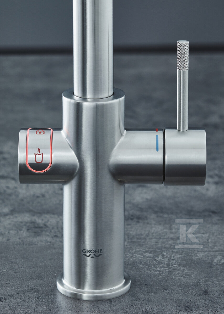System gotujący wodę Grohe Red Duo kuchenny, stal nierdzewna, bateria i bojler 4 l, dostęp do wody zwykłej i wrzątku, głowica Ceramiczna 28 mm, blokada bezpieczeństwa, kąt obrotu wylewki typu L 150° filtr w zestawie