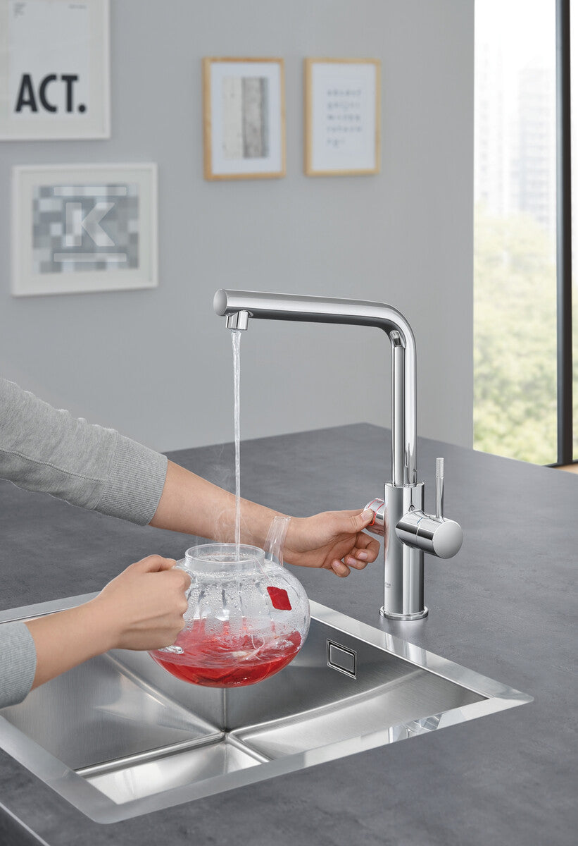 System gotujący wodę Grohe Red Duo kuchenny, chrom, bateria i bojler 7 l, dostęp do wody zwykłej i wrzątku, głowica Ceramiczna 28 mm, blokada bezpieczeństwa, kąt obrotu wylewki typu L 150° filtr w zestawie