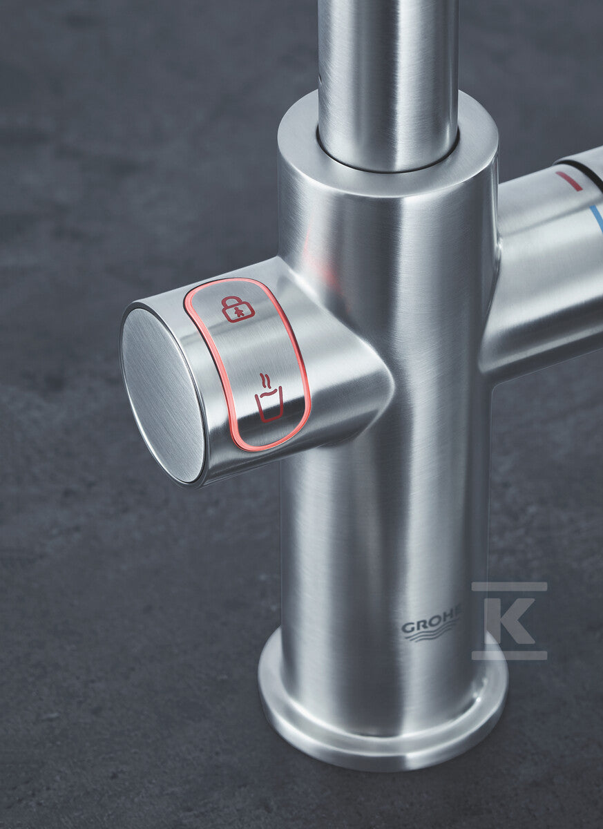 System gotujący wodę Grohe Red Duo kuchenny, stal nierdzewna, bateria i bojler 4 l, dostęp do wody zwykłej i wrzątku, głowica Ceramiczna 28 mm, blokada bezpieczeństwa, kąt obrotu wylewki typu L 150° filtr w zestawie
