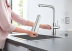 Zestaw startowy Grohe Blue Home z wylewką w kształcie L, chrom, bateria, filtr 600 l, chłodziarka i butla CO2, dostęp do wody zwykłej i filtrowanej / gazowanej, kąt obrotu wylewki 360° moduł Buetooth, głowica Ceramiczna 28 mm, wyciągana wylewka