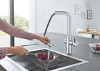 Zestaw startowy Grohe Blue Home z wylewką w kształcie L, chrom, bateria, filtr 600 l, chłodziarka i butla CO2, dostęp do wody zwykłej i filtrowanej / gazowanej, kąt obrotu wylewki 360° moduł Buetooth, głowica Ceramiczna 28 mm, wyciągana wylewka