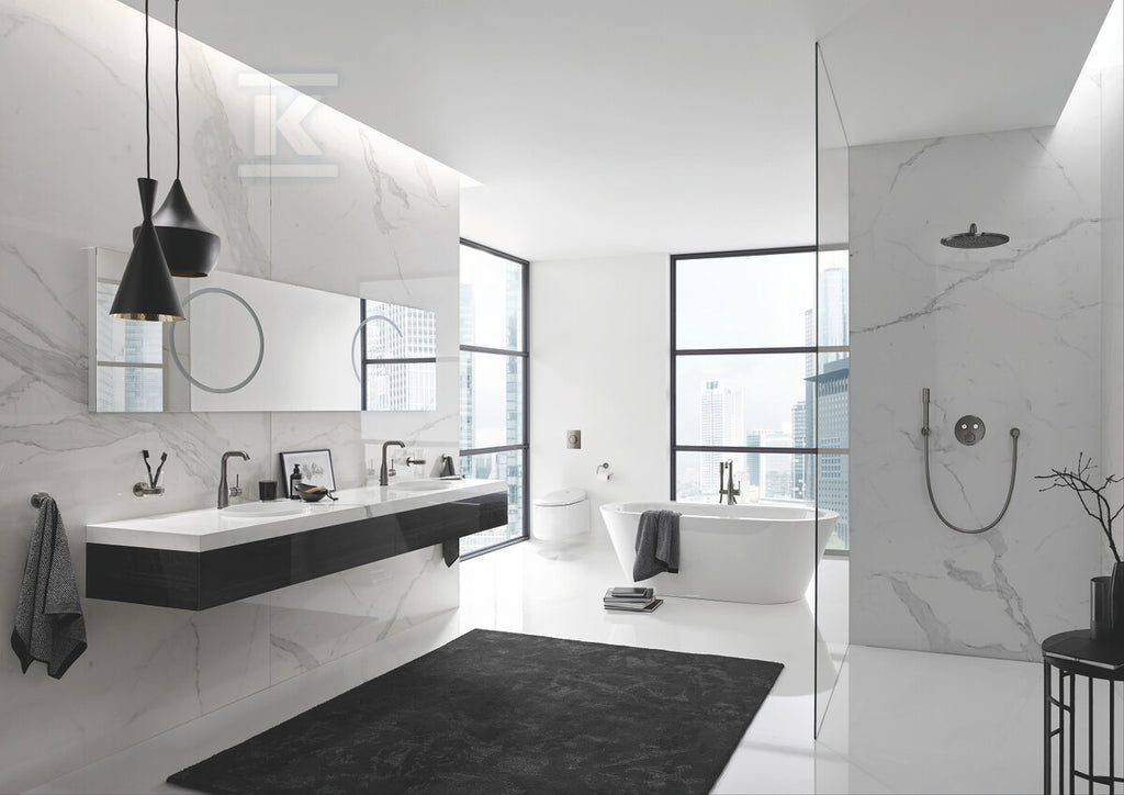 Bateria termostatyczna Grohtherm SmartControl do obsługi dwóch wyjść wody, brushed hard graphite, blokada bezpieczeństwa, metalowa, okrągła rozeta, przełącznik SmartControl, montaż ścienny podtynkowy