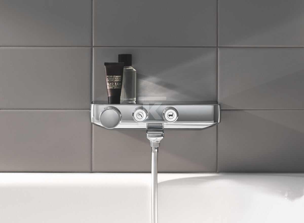 Bateria wannowa Grohe Grohtherm SmartControl z termostatem, chrom, montaż ścienny natynkowy, blokada bezpieczeństwa, przełącznik SmartControl, nienagrzewający się korpus, radełkowane uchwyty, półka EasyReach