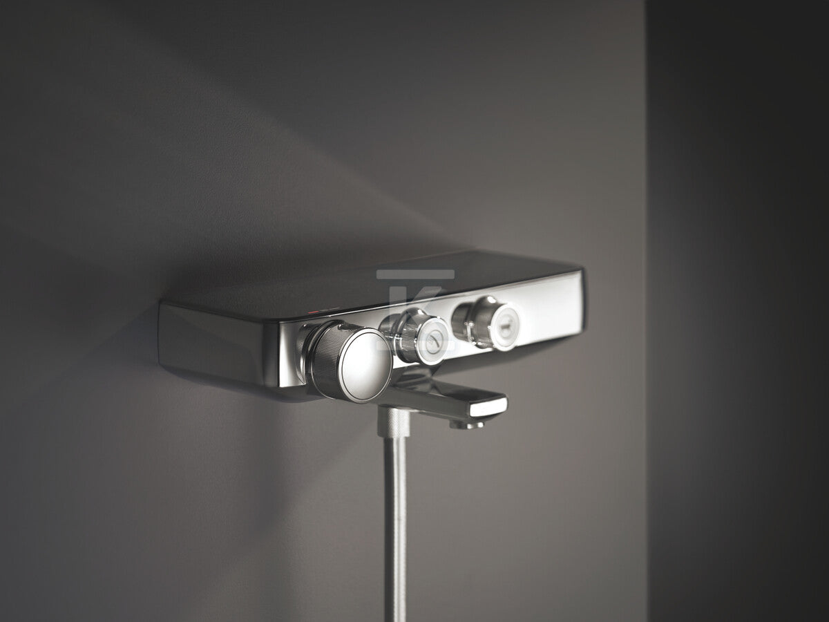 Bateria wannowa Grohe Grohtherm SmartControl z termostatem, chrom, montaż ścienny natynkowy, blokada bezpieczeństwa, przełącznik SmartControl, nienagrzewający się korpus, radełkowane uchwyty, półka EasyReach