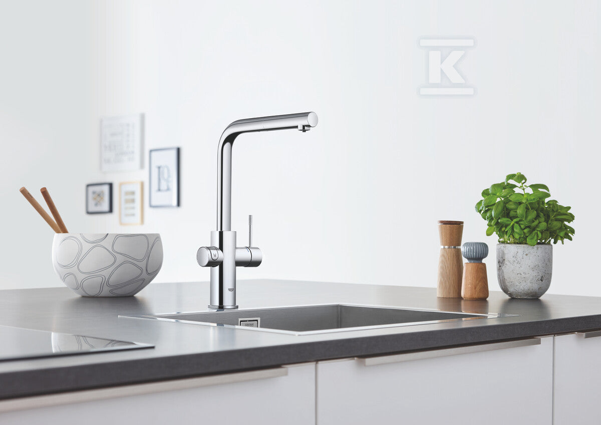 Zestaw startowy Grohe Blue Home z wylewką w kształcie L, chrom, bateria, filtr 600 l, chłodziarka i butla CO2, dostęp do wody zwykłej i filtrowanej / gazowanej, kąt obrotu wylewki 360° moduł Buetooth, głowica Ceramiczna 28 mm, wyciągana wylewka