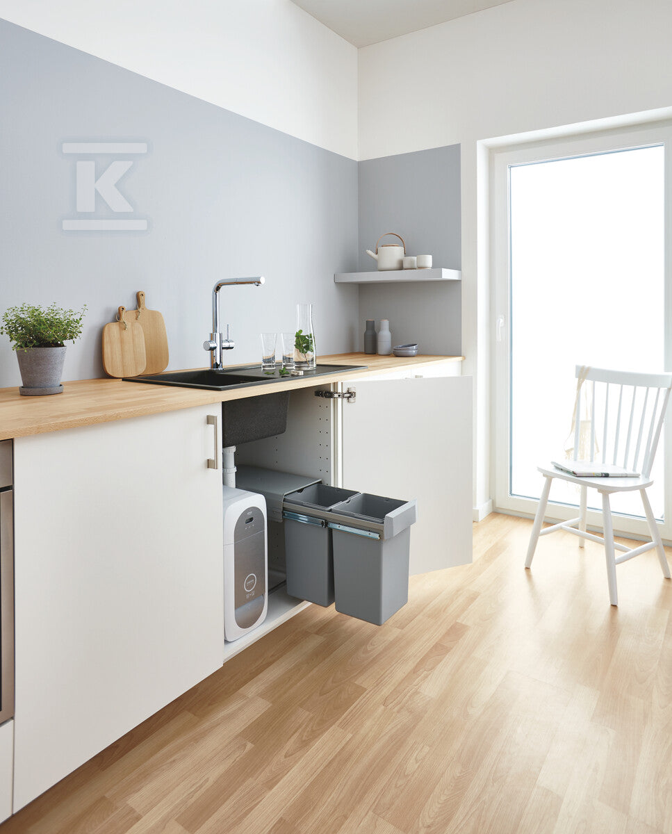 Zestaw startowy Grohe Blue Home z wylewką w kształcie L, chrom, bateria, filtr 600 l, chłodziarka i butla CO2, dostęp do wody zwykłej i filtrowanej / gazowanej, kąt obrotu wylewki 360° moduł Buetooth, głowica Ceramiczna 28 mm, wyciągana wylewka
