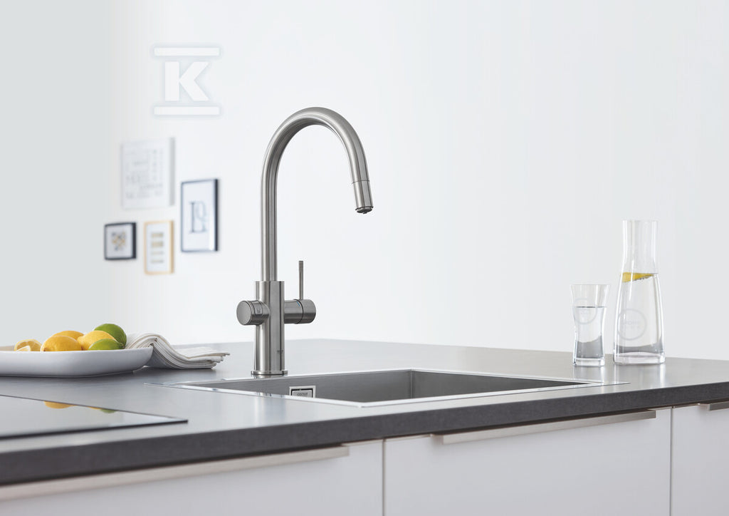 Zestaw startowy Grohe Blue Home z wylewką w kształcie C, stal nierdzewna, bateria, filtr 600 l, chłodziarka i butla CO2, dostęp do wody zwykłej i filtrowanej / gazowanej, kąt obrotu wylewki 360° moduł Buetooth, głowica Ceramiczna 28 mm, wyciągana wylewka