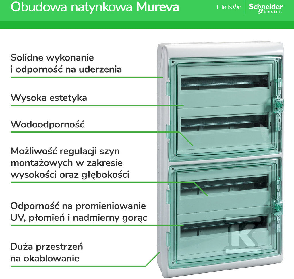 Obudowa natynkowa Mureva (dawna Kaedra) IP65 MRV-3-18-NT-T drzwi transparentne 3 rzędy 18 modułów/rząd