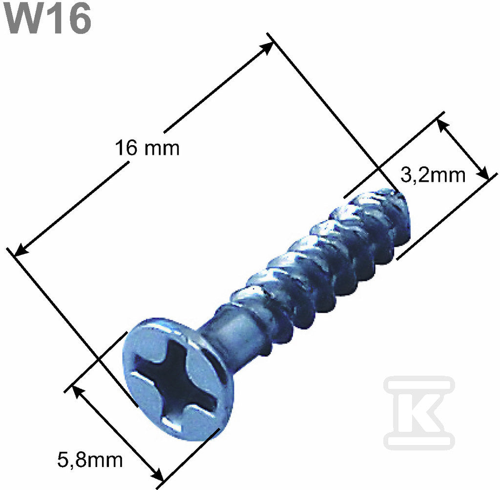 Wkręt osprzętowy do puszek elektroinstalacyjnych długość 16mm, pudełko 100 szt.,W16