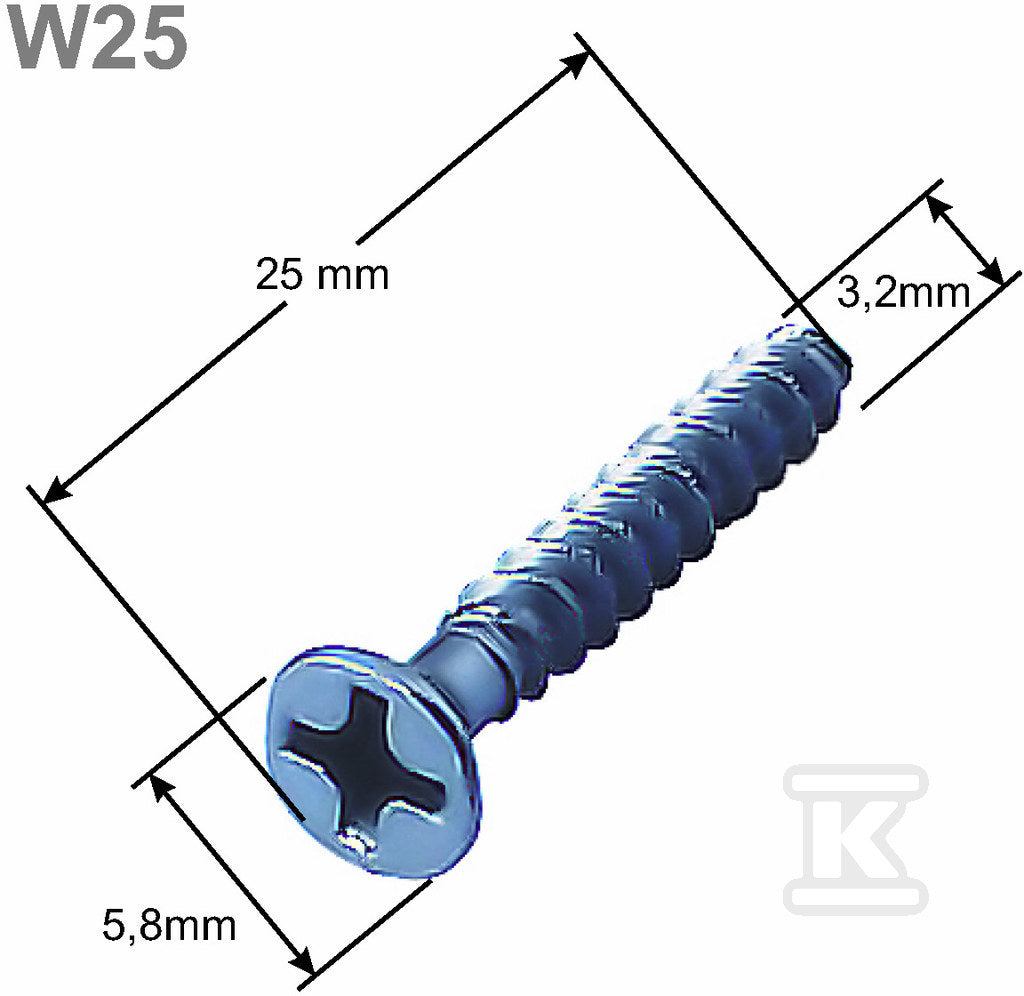 Wkręt osprzętowy do puszek elektroinstalacyjnych długość 25mm, pudełko 100 szt. W25