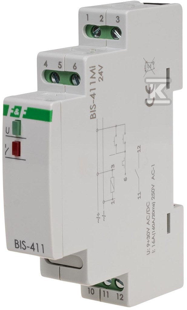 Przekaźnik bistabilny z pamięcią 9÷30 v ac/dc, montaż na szynie din, z przekaźnikiem inrush 160a/20ms BIS-411M-LED-24V