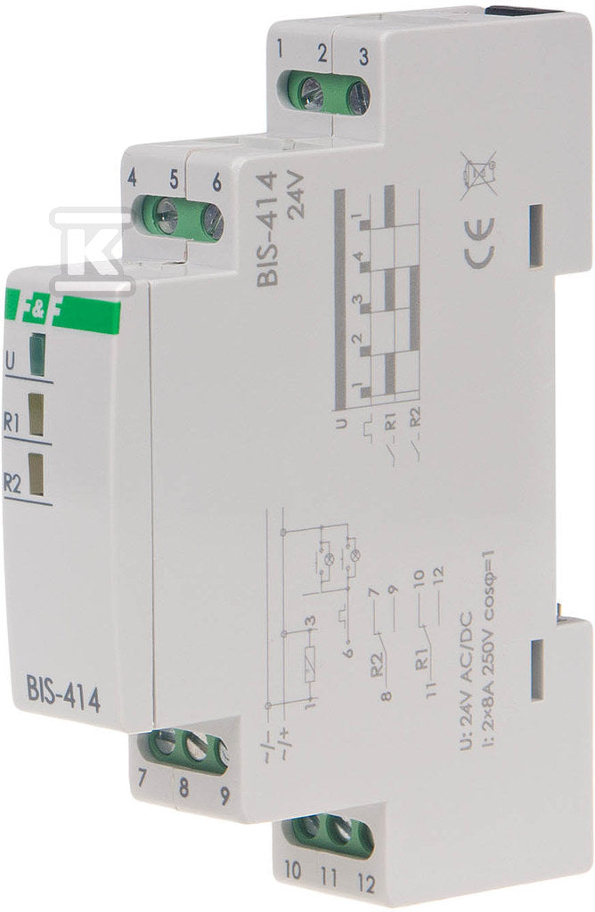Przekaźnik bistabilny, sekwencyjny, na szynę DIN, z przekaźnikiem inrush 160A/20ms 24V BIS-414-LED-24V