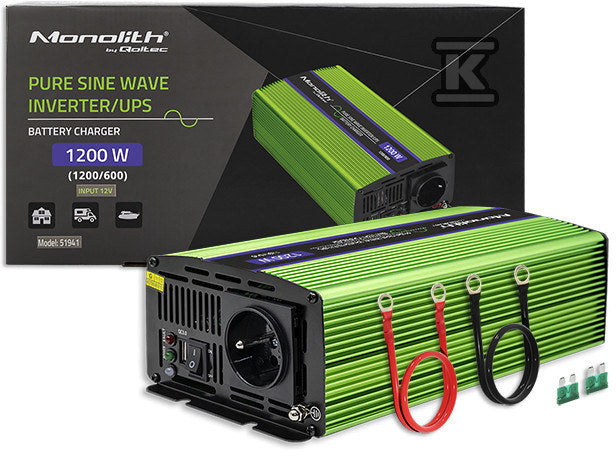 Przetwornica napięcia Monolith | ładowanie baterii | UPS | 600W | 1200W | 12V na 230V | Czysty Sinus