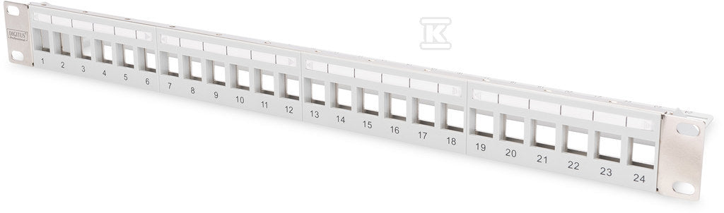 Panel krosowy modularny 19" 24x keystone, ekranowa ny,1U,szary,prowadnica kabli,wymienne pola opisowe