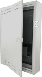 Szafka mieszkaniowa, teletechniczna, FTTH 500x350x90, natynkowa, drzwi perforowane, 1xgn. elektryczne, 14xgn. Keystone ALANTEC