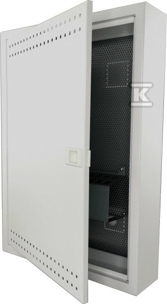 Szafka mieszkaniowa, teletechniczna, FTTH 500x350x90, natynkowa, drzwi perforowane, 1xgn. elektryczne, 14xgn. Keystone ALANTEC