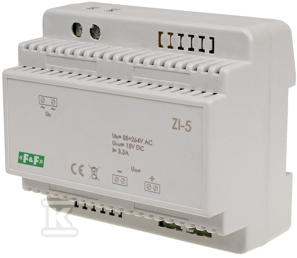 Zasilacz impulsowy ZI-5, napięcie wejściowe 85-264V AC, napięcie wyjściowe 5, 12, 15, 18, 24, 48 V DC, P=50W, 6 modułów