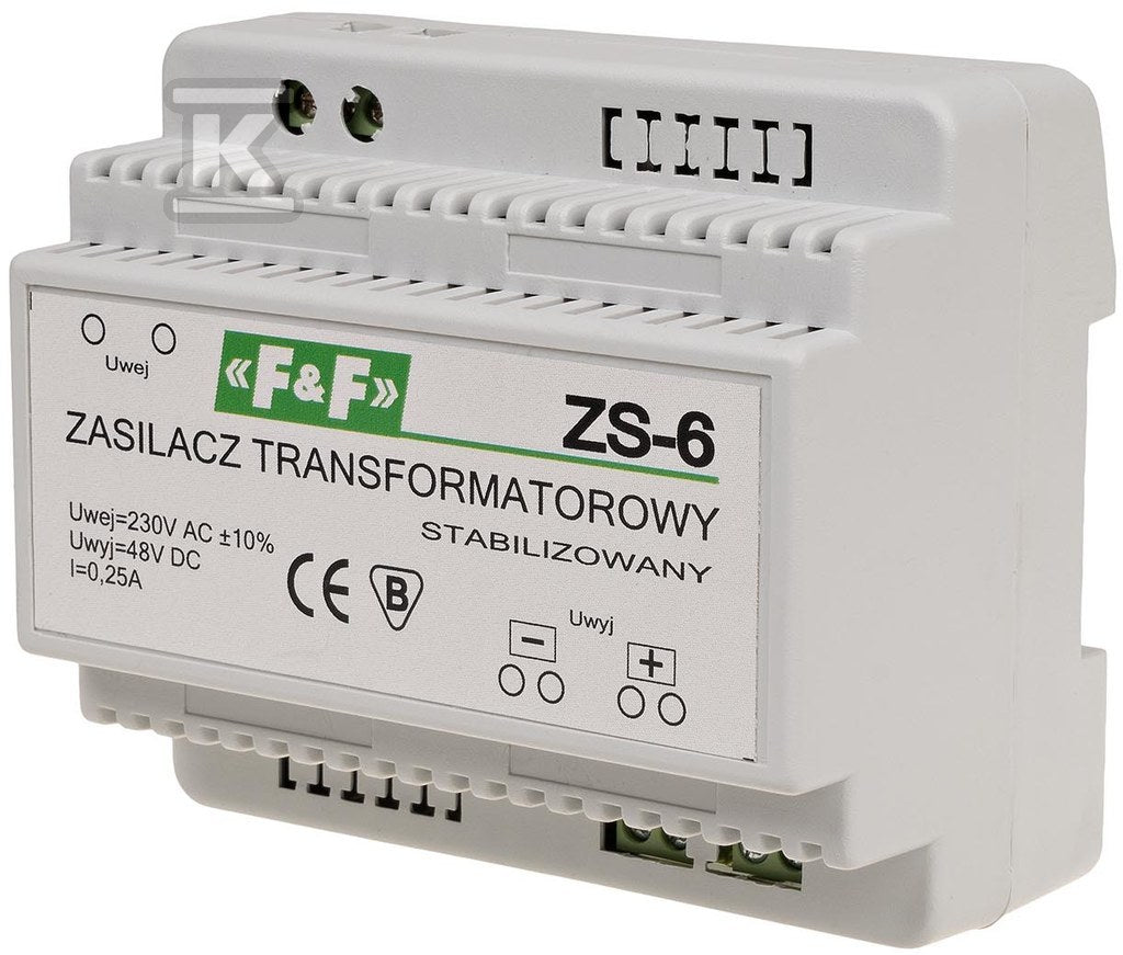 Zasilacz transformatorowy ZS-5, napięcie wejściowe 230V AC, napięcie wyjściowe 5, 12, 15, 18, 24, 48 V DC, P=12W, 6 modułów