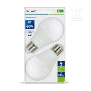 Żarówka LED V-TAC 9W E27 A60 (blister 2szt) VT-2139 6400K 806lm