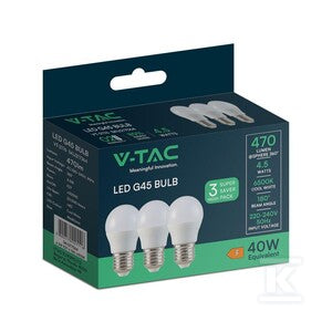 Żarówka LED V-TAC 4,5W E27 G45 P45 kulka (opak. 3szt) VT-2176 2700K 470lm