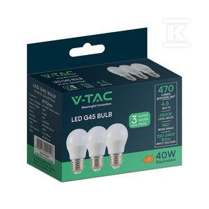 Żarówka LED V-TAC 4,5W E27 G45 P45 kulka (opak. 3szt) VT-2176 4000K 470lm