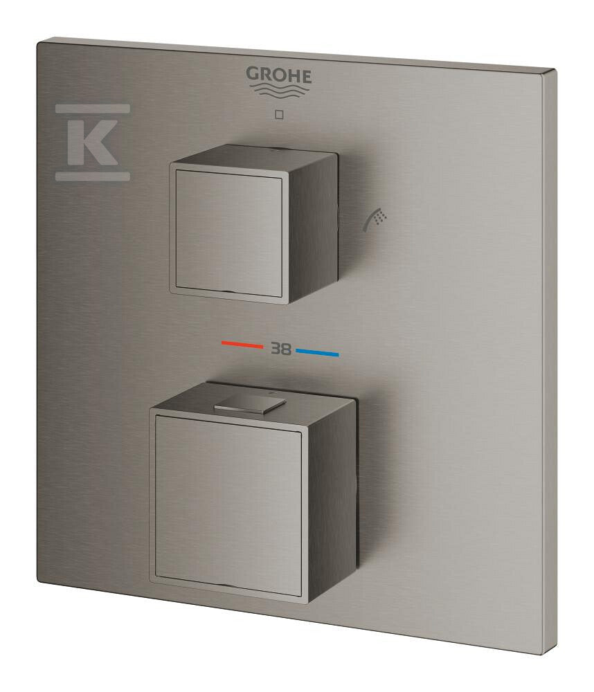 Bateria wannowa Grohe Grohtherm Cube termostatyczna do obsługi dwóch wyjść wody, brushed hard graphite, montaż ścienny podtynkowy, blokada bezpieczeństwa, przełącznik wyjść wody zintegrowany z regulacją ciśnienia, metalowa rozeta, nadrukowane symbole