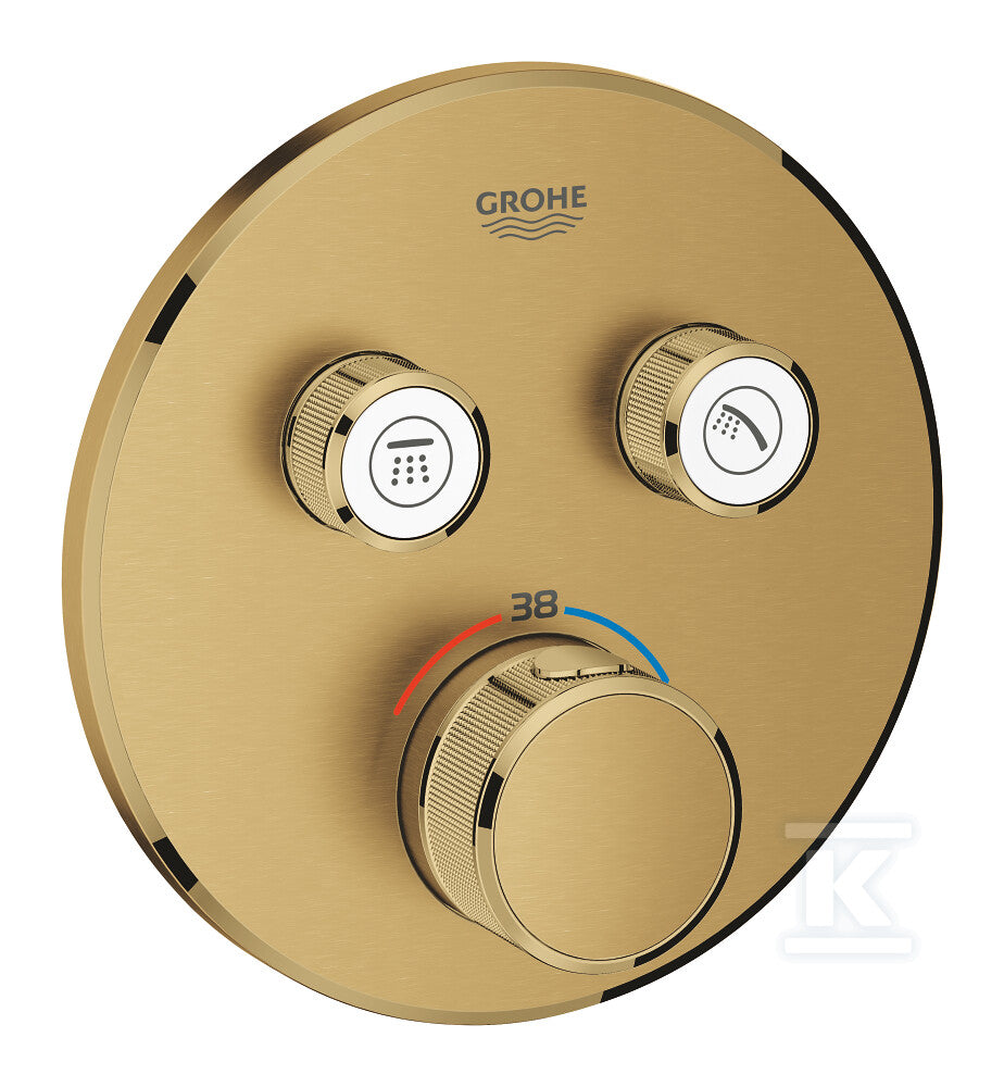 Bateria termostatyczna Grohtherm SmartControl do obsługi dwóch wyjść wody, brushed cool sunrise, blokada bezpieczeństwa, metalowa, okrągła rozeta, przełącznik SmartControl, montaż ścienny podtynkowy