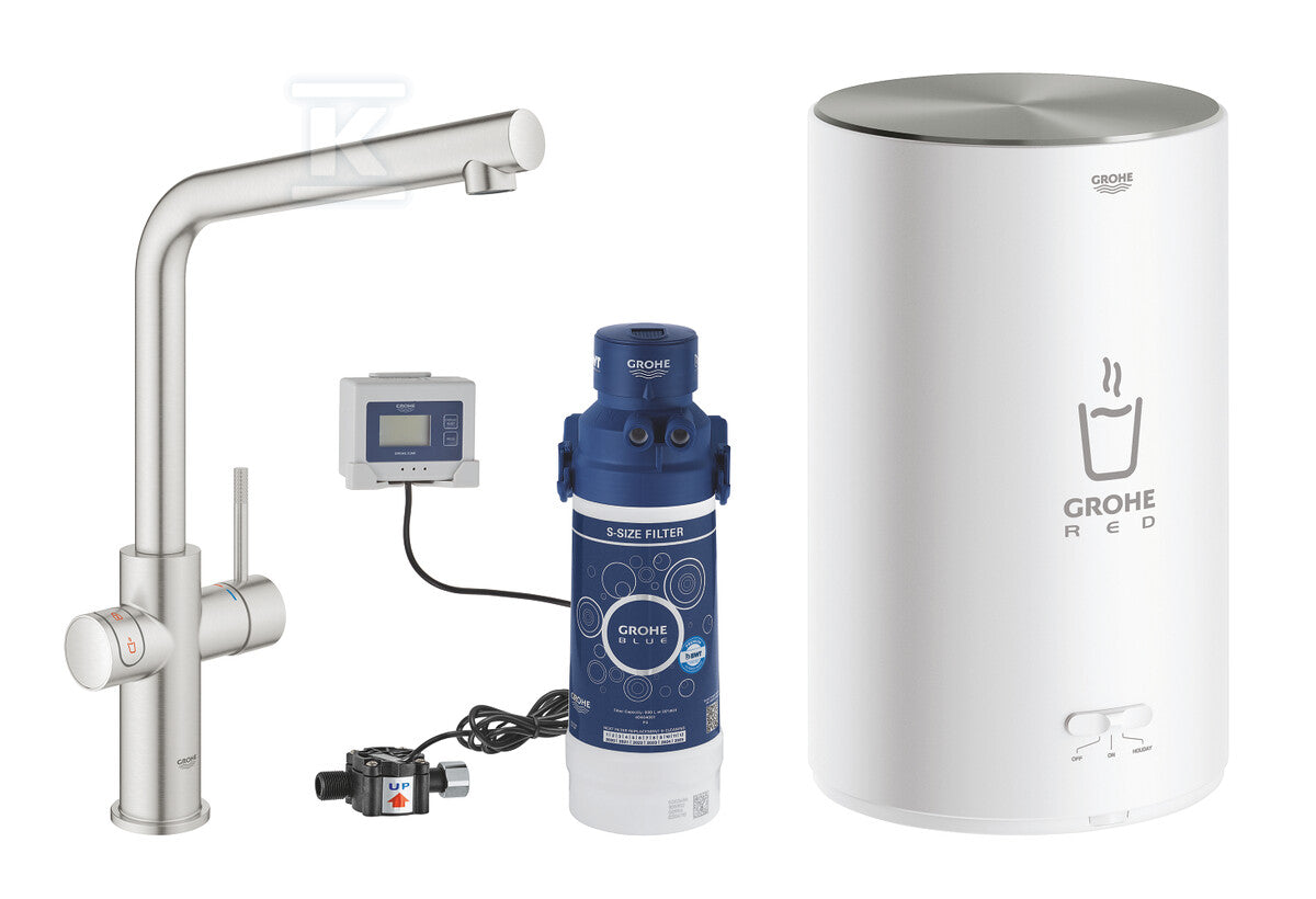 System gotujący wodę Grohe Red Duo kuchenny, stal nierdzewna, bateria i bojler 4 l, dostęp do wody zwykłej i wrzątku, głowica Ceramiczna 28 mm, blokada bezpieczeństwa, kąt obrotu wylewki typu L 150° filtr w zestawie