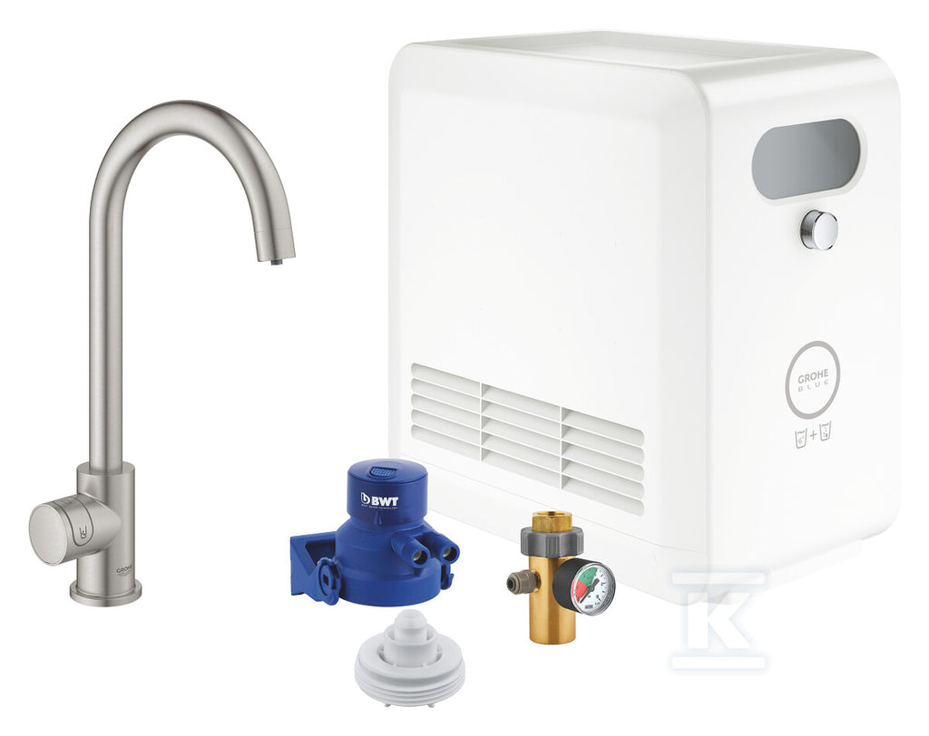 Zestaw Grohe Blue Professional z wylewką w kształcie C, stal nierdzewna, zawór sztorcowy i chłodziarka, dostęp tylko do wody filtrowanej / gazowanej, kąt obrotu wylewki 150° moduł Buetooth, większa wydajność - do 12 l schłodzonej wody na godzinę
