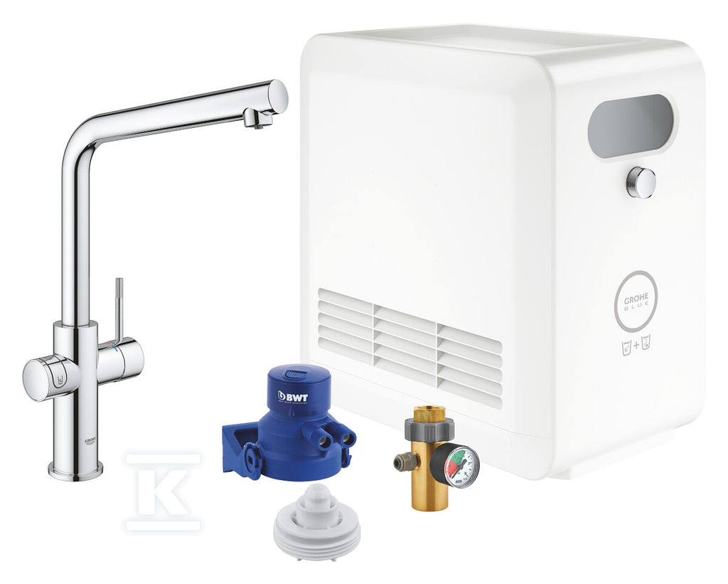 Zestaw Grohe Blue Professional z wylewką w kształcie L, chrom, bateria i chłodziarka, dostęp do wody zwykłej i filtrowanej / gazowanej, kąt obrotu wylewki 150° moduł Buetooth, głowica Ceramiczna 28 mm