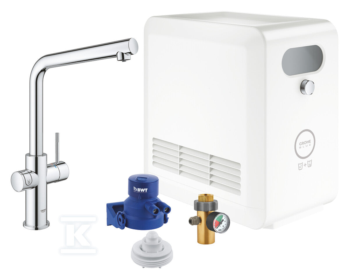 Zestaw Grohe Blue Professional z wylewką w kształcie L, chrom, bateria i chłodziarka, dostęp do wody zwykłej i filtrowanej / gazowanej, kąt obrotu wylewki 150° moduł Buetooth, głowica Ceramiczna 28 mm