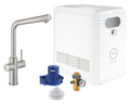 Zestaw Grohe Blue Professional z wylewką w kształcie L, stal nierdzewna, bateria i chłodziarka, dostęp do wody zwykłej i filtrowanej / gazowanej, kąt obrotu wylewki 150° moduł Buetooth, głowica Ceramiczna 28 mm, większa wydajność - do 12 l schłodzonej