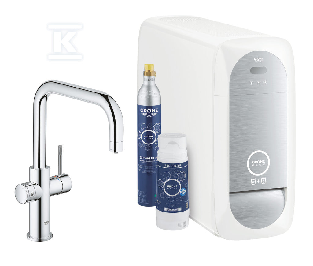 Zestaw startowy Grohe Blue Home z wylewką w kształcie U, chrom, bateria, filtr 600 l, chłodziarka i butla CO2, dostęp do wody zwykłej i filtrowanej / gazowanej, kąt obrotu wylewki 150° moduł Buetooth, głowica Ceramiczna 28 mm