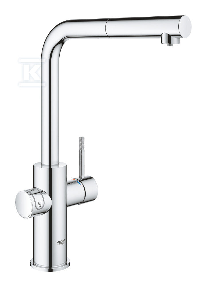Zestaw startowy Grohe Blue Home z wylewką w kształcie L, chrom, bateria, filtr 600 l, chłodziarka i butla CO2, dostęp do wody zwykłej i filtrowanej / gazowanej, kąt obrotu wylewki 360° moduł Buetooth, głowica Ceramiczna 28 mm, wyciągana wylewka