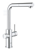 Zestaw startowy Grohe Blue Home z wylewką w kształcie L, chrom, bateria, filtr 600 l, chłodziarka i butla CO2, dostęp do wody zwykłej i filtrowanej / gazowanej, kąt obrotu wylewki 360° moduł Buetooth, głowica Ceramiczna 28 mm, wyciągana wylewka