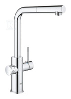 Zestaw startowy Grohe Blue Home z wylewką w kształcie L, chrom, bateria, filtr 600 l, chłodziarka i butla CO2, dostęp do wody zwykłej i filtrowanej / gazowanej, kąt obrotu wylewki 360° moduł Buetooth, głowica Ceramiczna 28 mm, wyciągana wylewka