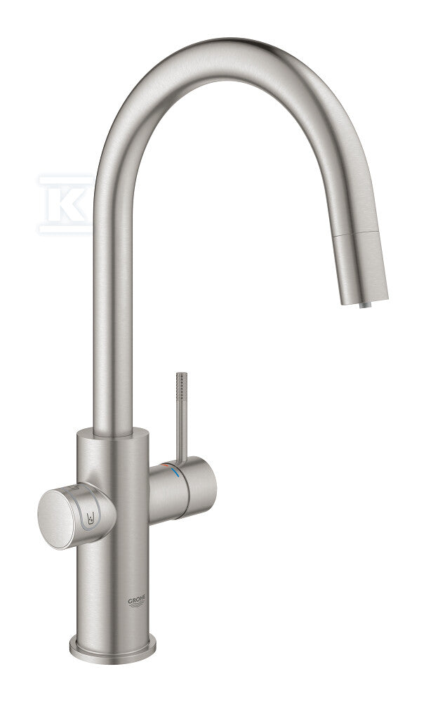 Zestaw startowy Grohe Blue Home z wylewką w kształcie C, stal nierdzewna, bateria, filtr 600 l, chłodziarka i butla CO2, dostęp do wody zwykłej i filtrowanej / gazowanej, kąt obrotu wylewki 360° moduł Buetooth, głowica Ceramiczna 28 mm, wyciągana wylewka