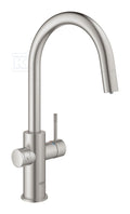 Zestaw startowy Grohe Blue Home z wylewką w kształcie C, stal nierdzewna, bateria, filtr 600 l, chłodziarka i butla CO2, dostęp do wody zwykłej i filtrowanej / gazowanej, kąt obrotu wylewki 360° moduł Buetooth, głowica Ceramiczna 28 mm, wyciągana wylewka