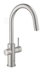 Zestaw startowy Grohe Blue Home z wylewką w kształcie C, stal nierdzewna, bateria, filtr 600 l, chłodziarka i butla CO2, dostęp do wody zwykłej i filtrowanej / gazowanej, kąt obrotu wylewki 360° moduł Buetooth, głowica Ceramiczna 28 mm, wyciągana wylewka