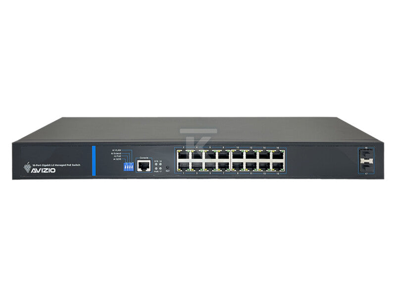 Zarządzalny przełącznik L2 (switch) 16 portów RJ45 PoE+ 1Gb/s + 2 porty SFP Uplink 1Gb/s (budżet mocy 150W) + 1 port konsolowy RJ45 AVIZIO
