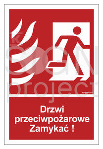 Drzwi przeciwpożarowe Zamykać! Kierunek drogi ewakuacyjnej w prawo, 15 x 22,2 cm, FN - folia samoprzylepna